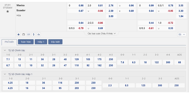 Tỷ lệ được niêm yết cho trận đấu Mexico vs Ecuador
